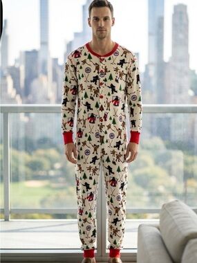 Men's Cream Hockey Night Print One-Piece Pajama with Red Trim